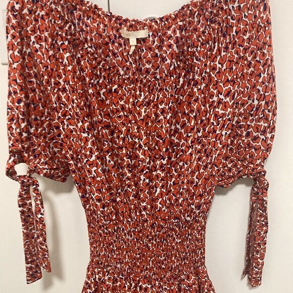 Maje Paris Rafia Print Mini Dress with Smocked Waist. Orange/Blue. Size Medium. - Picture 4 of 9